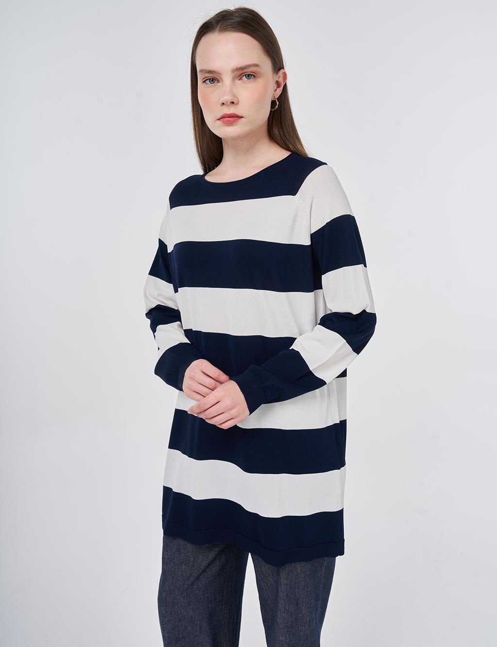 Striped Knit Tunic Dark Navy