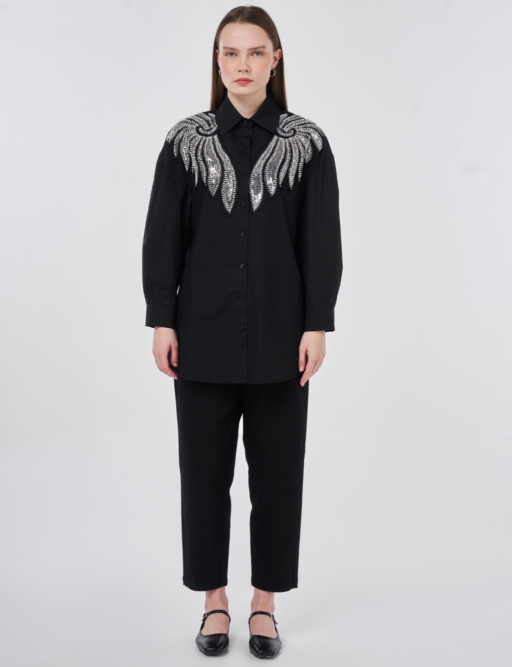 100% Cotton Sequin and Pearl Embellished Tunic Black