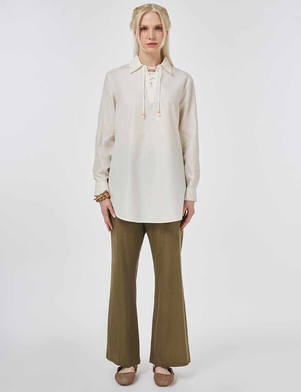 %100 Pamuklu Bağcıklı Tunik Ekru