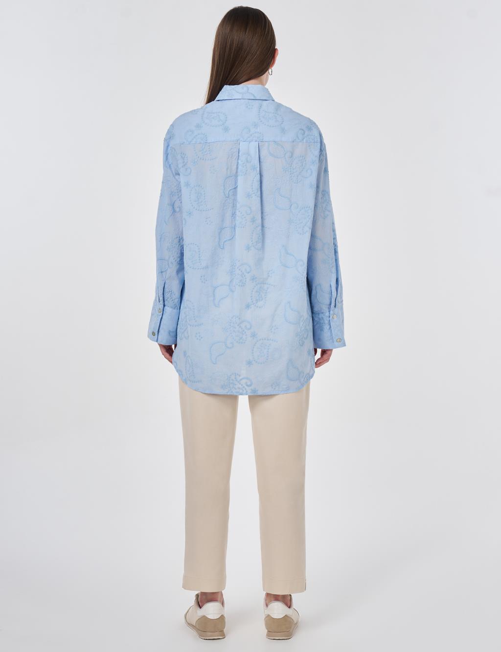 %100 Pamuklu Floral İşlemeli Tunik Mavi