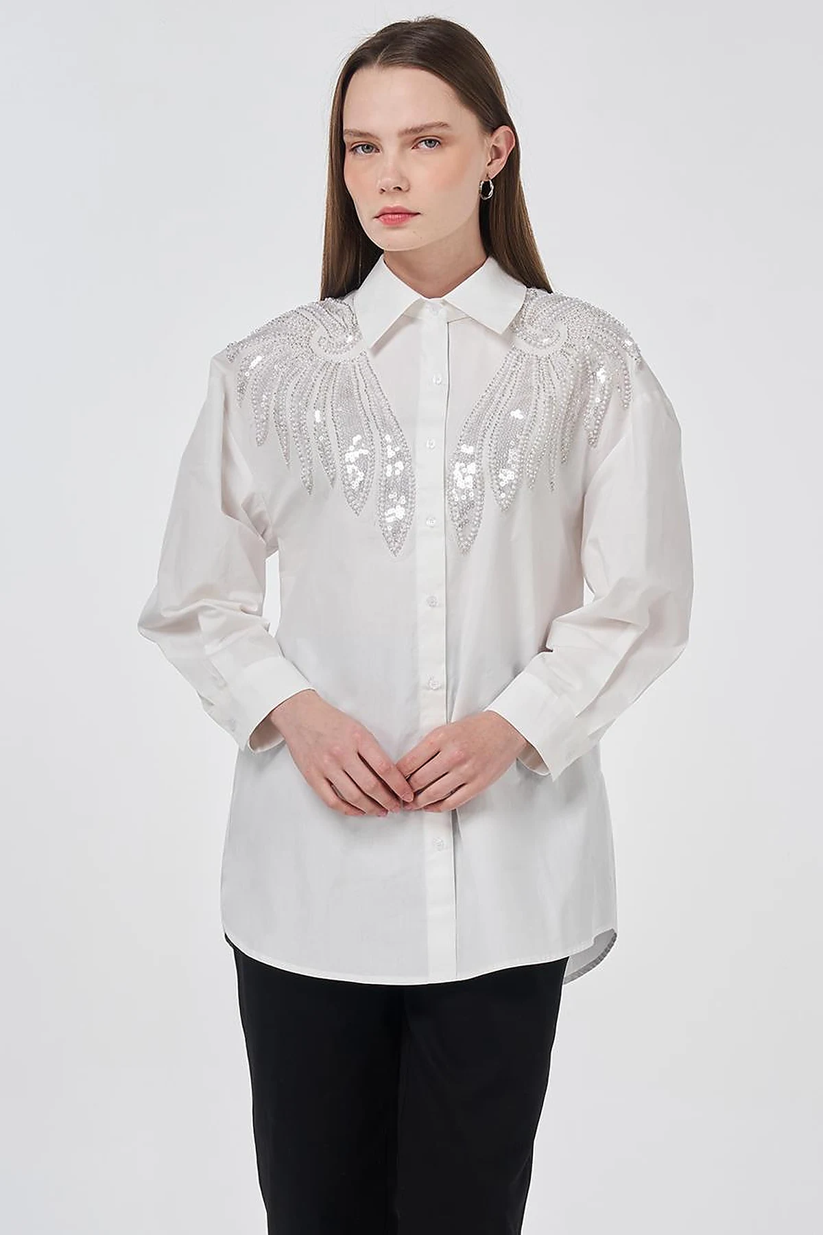 100% Cotton Sequin and Pearl Embellished Tunic Optic White