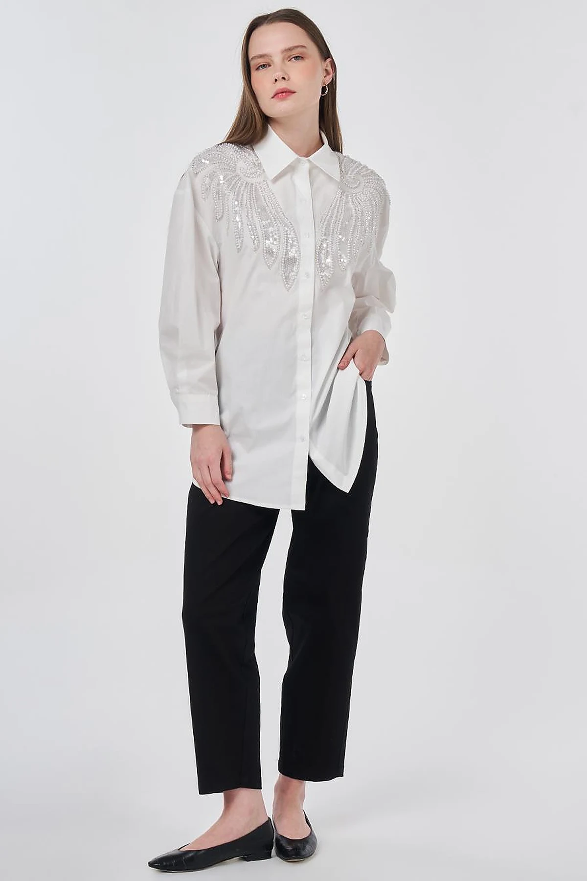 100% Cotton Sequin and Pearl Embellished Tunic Optic White