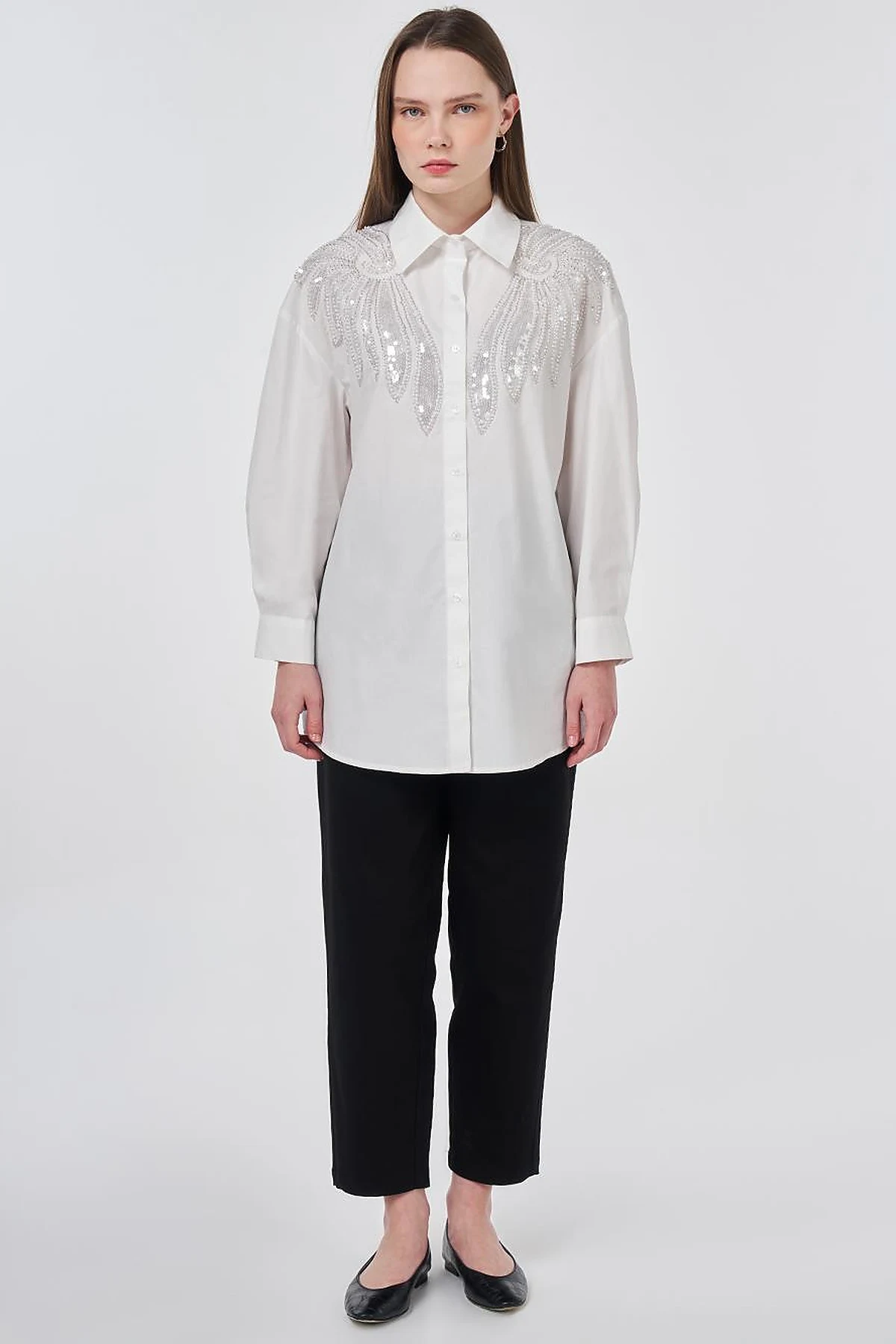 100% Cotton Sequin and Pearl Embellished Tunic Optic White