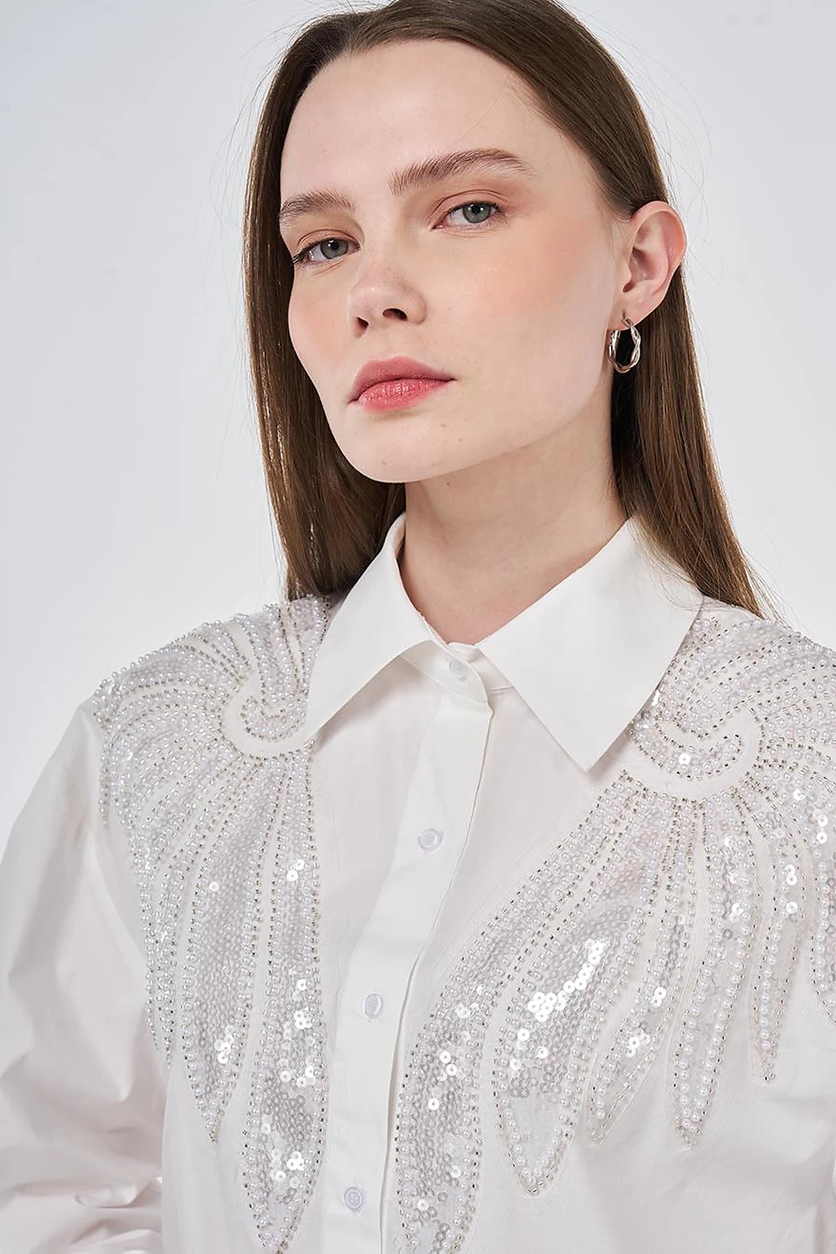 100% Cotton Sequin and Pearl Embellished Tunic Optic White