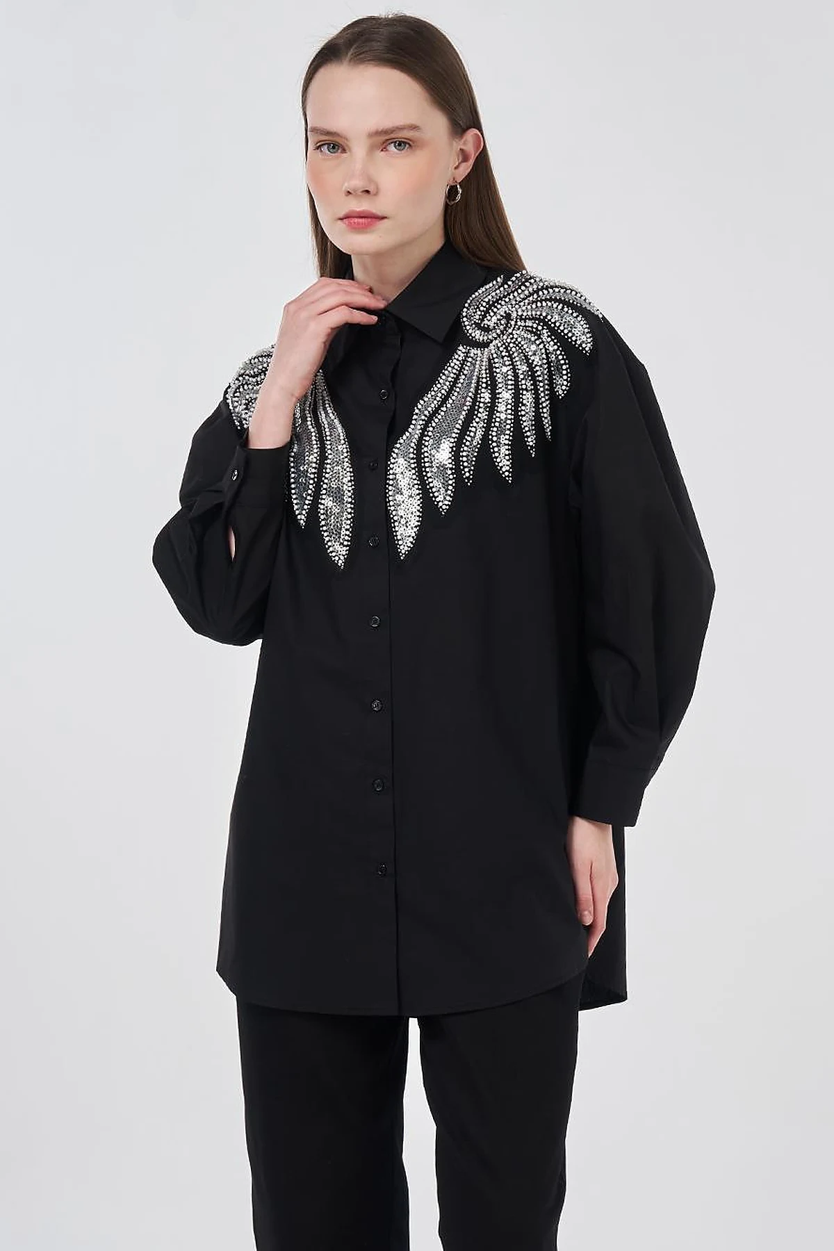 100% Cotton Sequin and Pearl Embellished Tunic Black