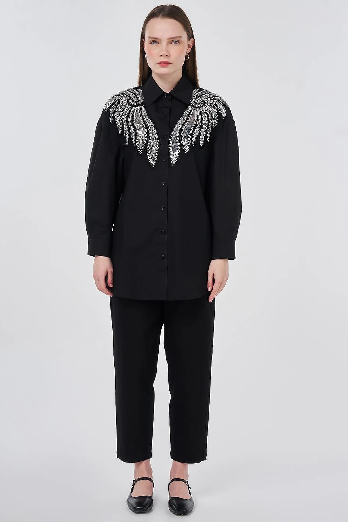 100% Cotton Sequin and Pearl Embellished Tunic Black