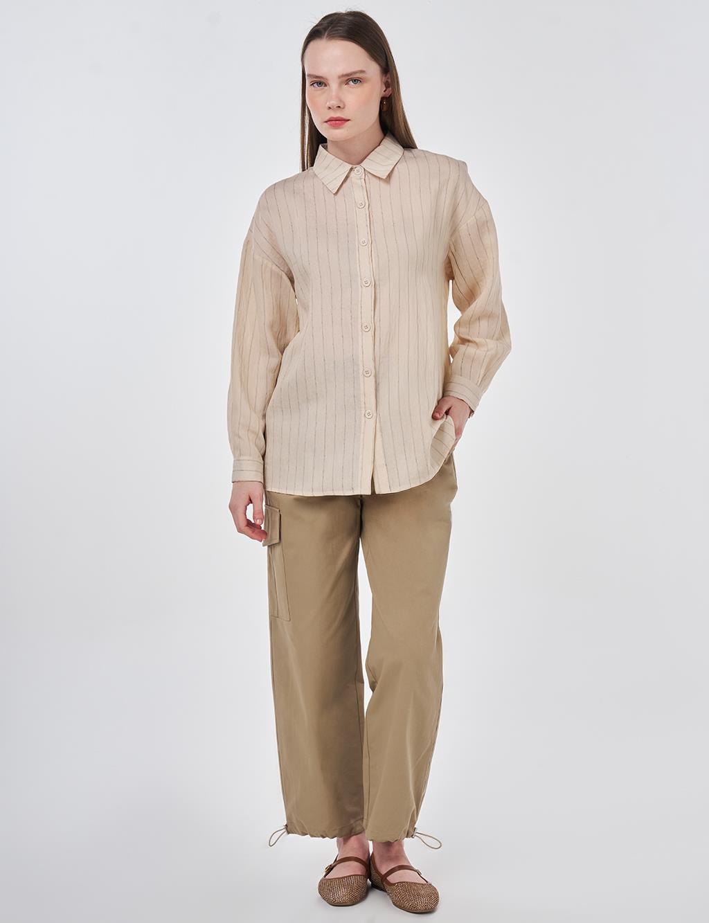 Çizgi Desen Keten Viskon Tunik Taş