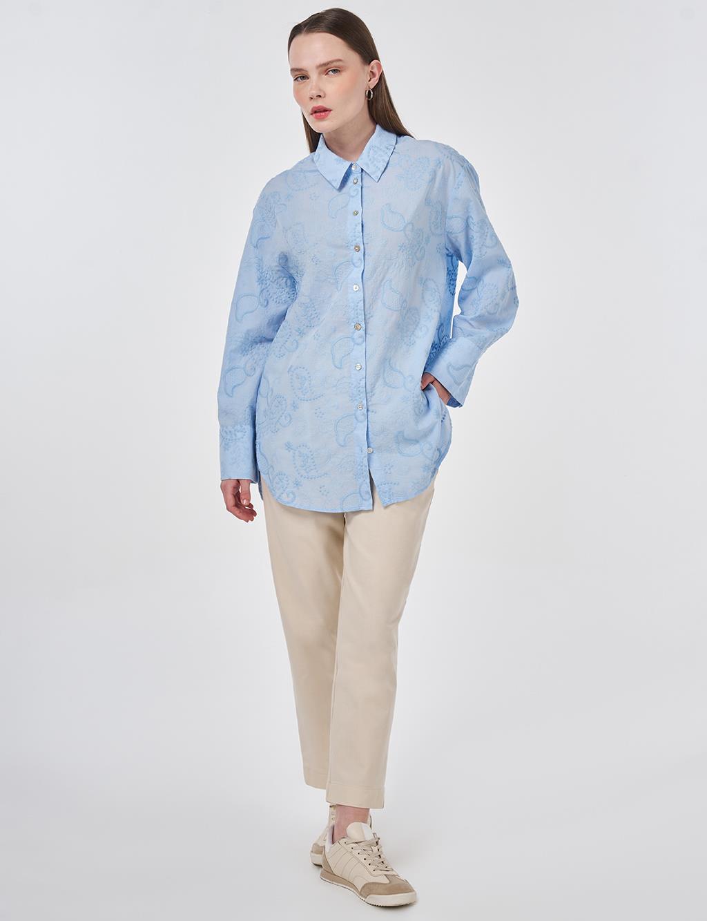 %100 Pamuklu Floral İşlemeli Tunik Mavi