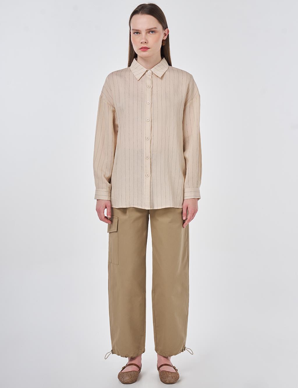 Çizgi Desen Keten Viskon Tunik Taş