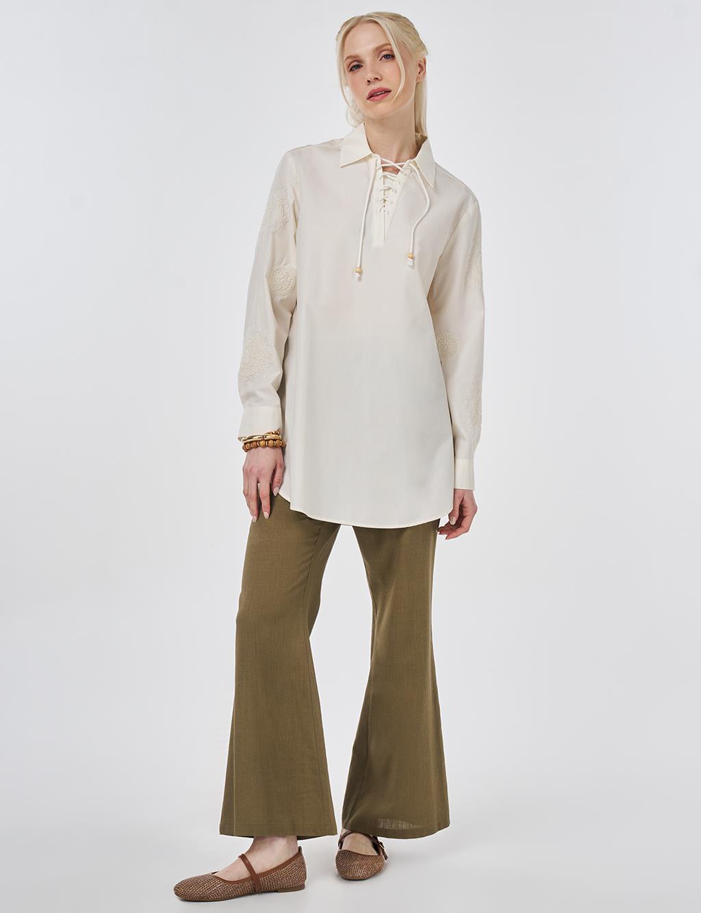 %100 Pamuklu Bağcıklı Tunik Ekru