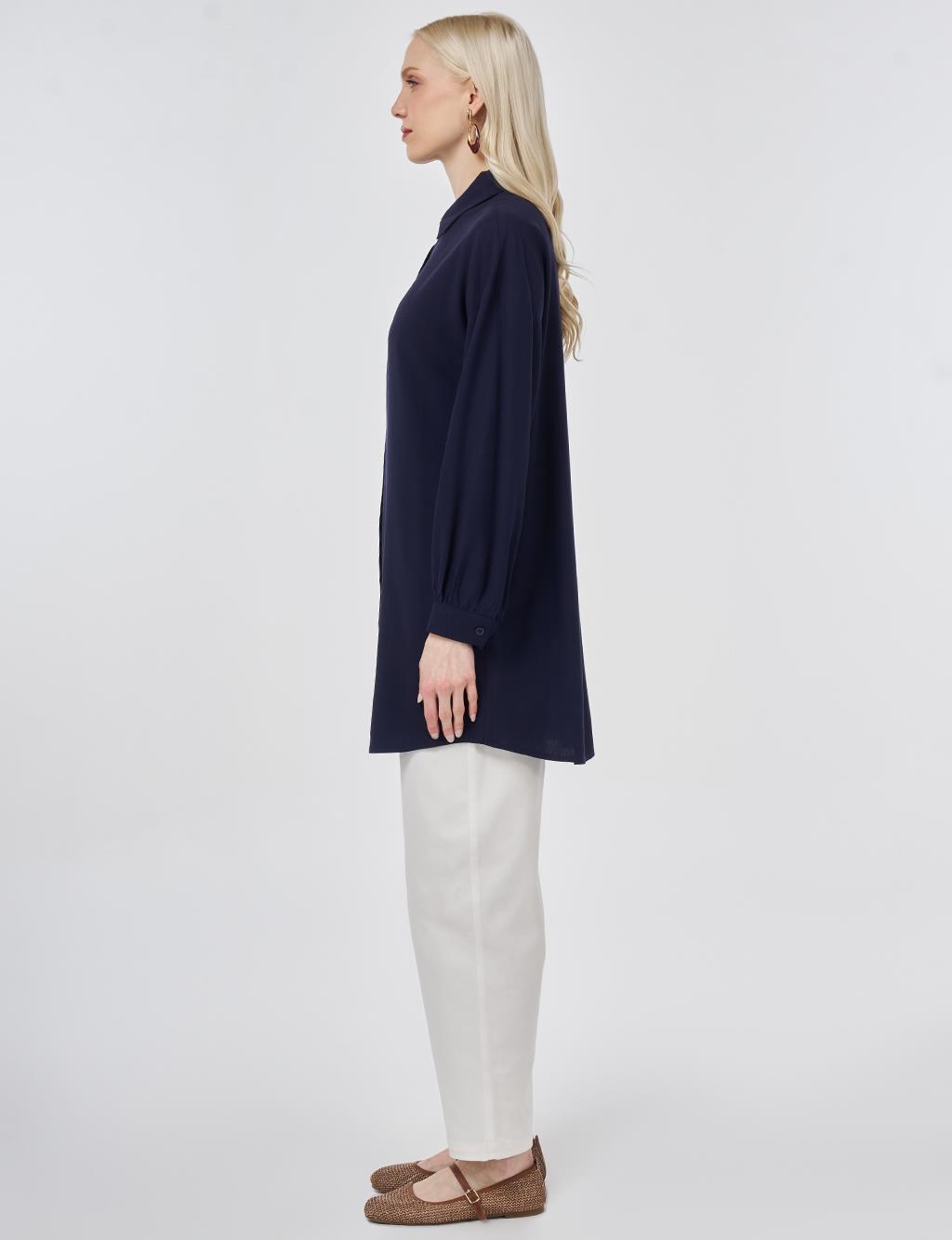 %100 Viskon Nakış İşlemeli Tunik Lacivert