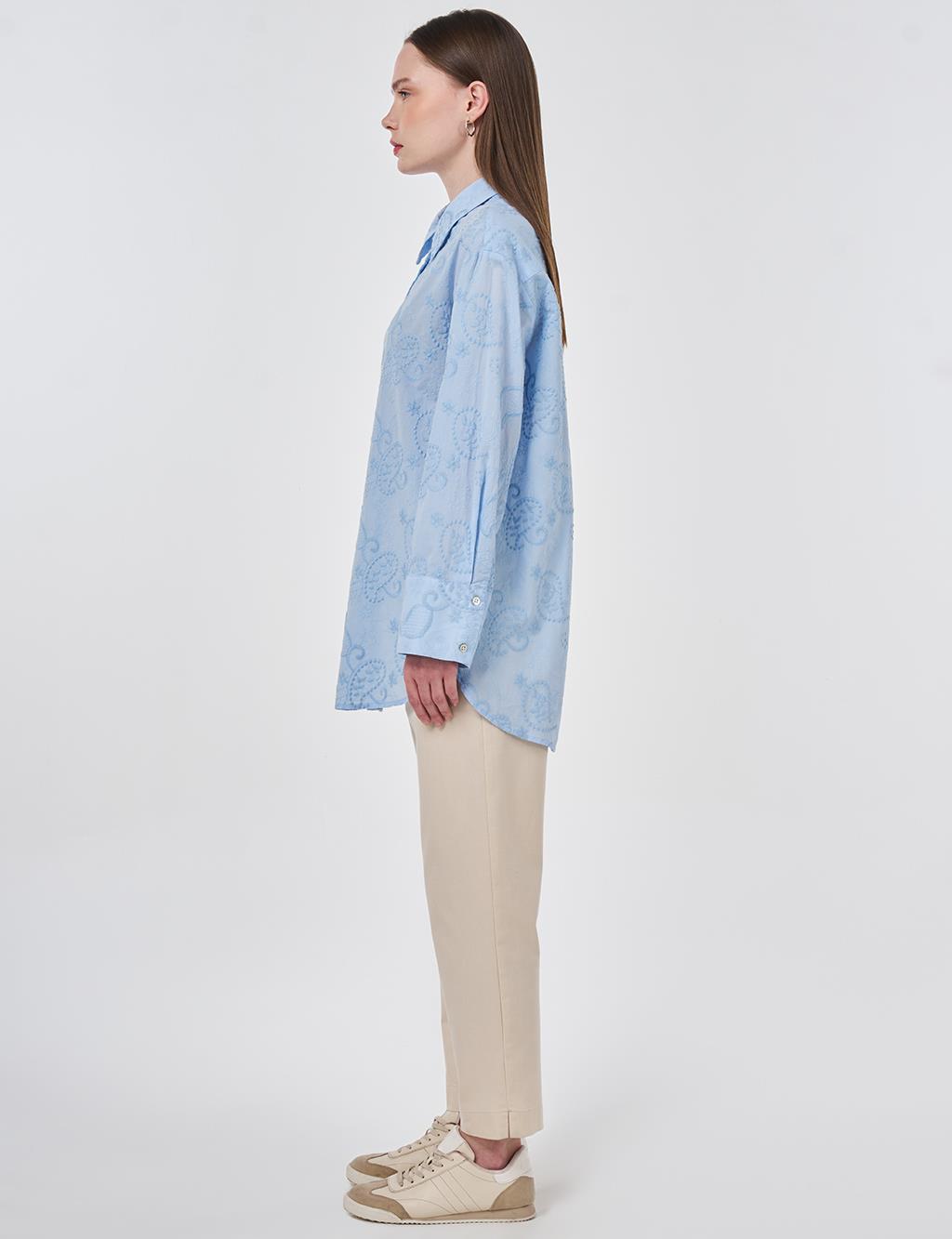 %100 Pamuklu Floral İşlemeli Tunik Mavi