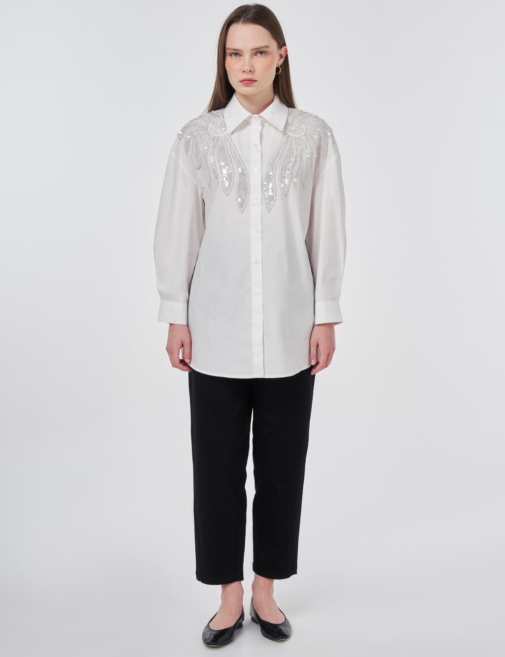 100% Cotton Sequin and Pearl Embellished Tunic Optic White