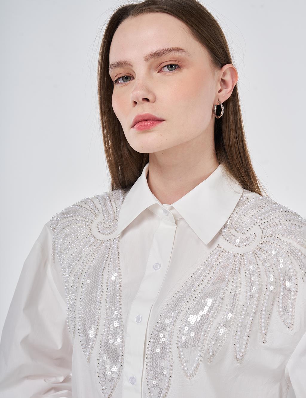 100% Cotton Sequin and Pearl Embellished Tunic Optic White