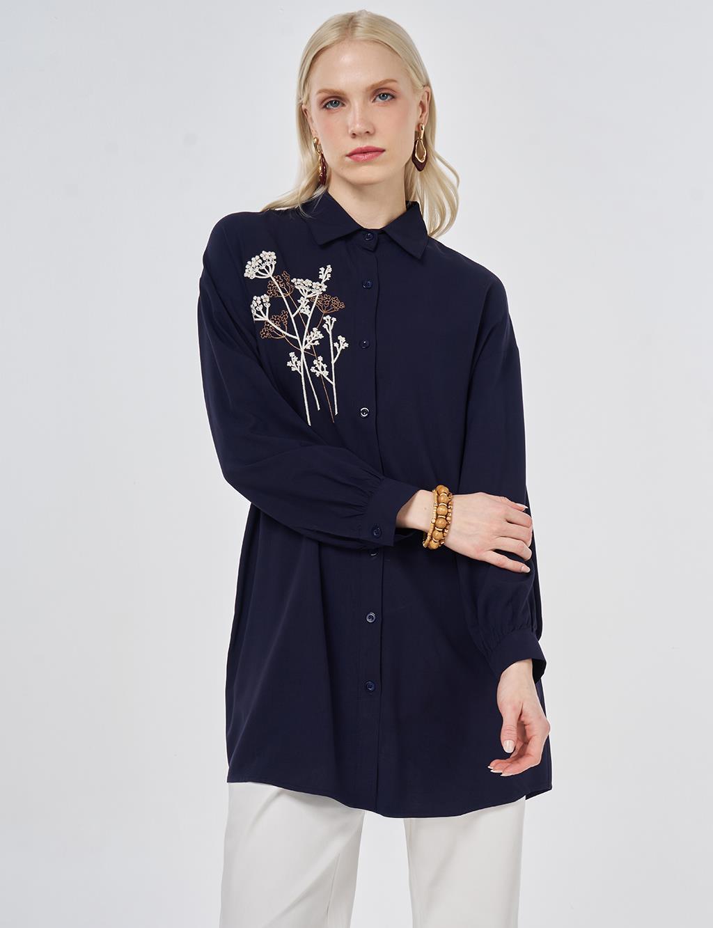 %100 Viskon Nakış İşlemeli Tunik Lacivert