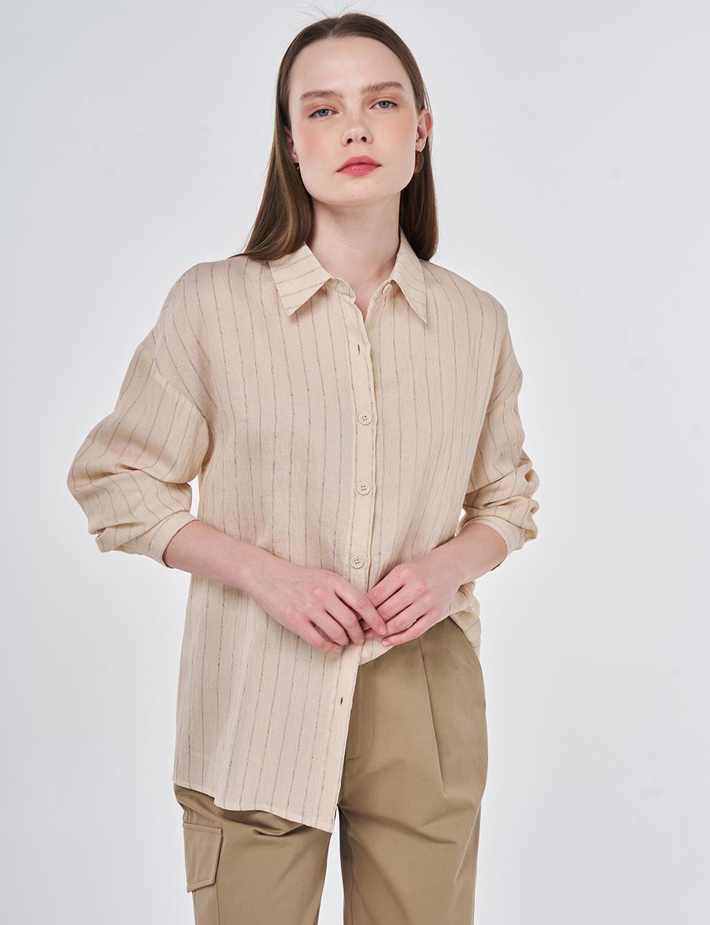 Çizgi Desen Keten Viskon Tunik Taş