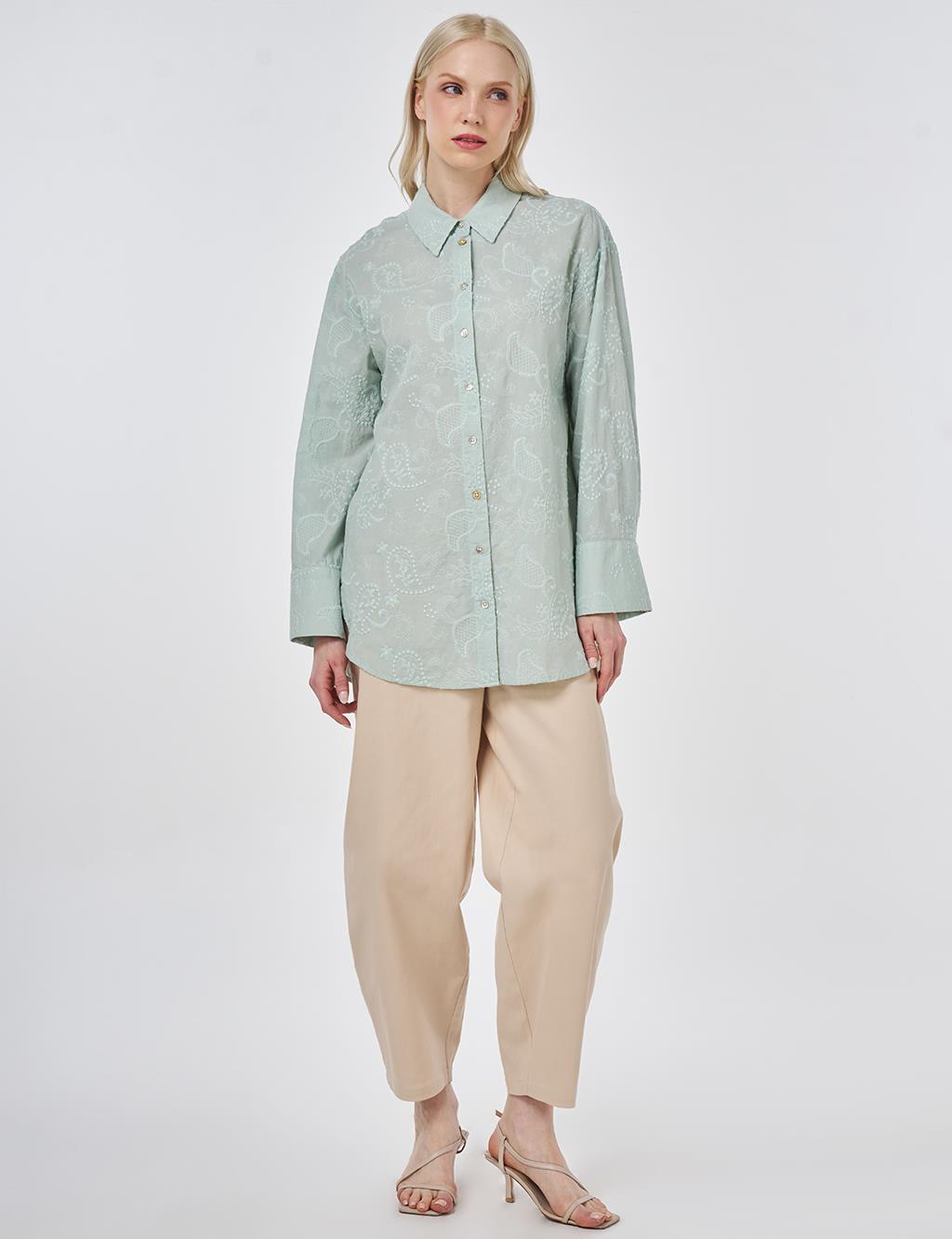 %100 Pamuklu Floral İşlemeli Tunik Su Yeşili