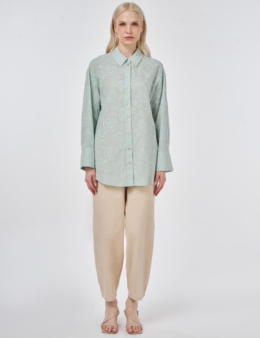 %100 Pamuklu Floral İşlemeli Tunik Su Yeşili