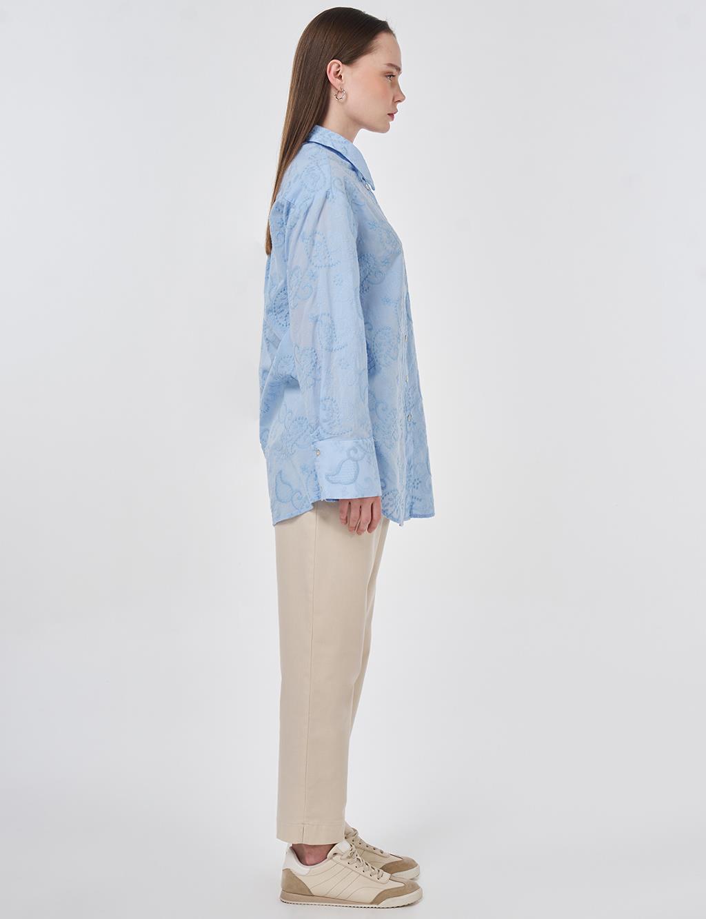 %100 Pamuklu Floral İşlemeli Tunik Mavi