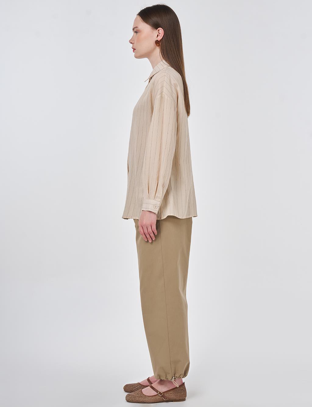 Çizgi Desen Keten Viskon Tunik Taş