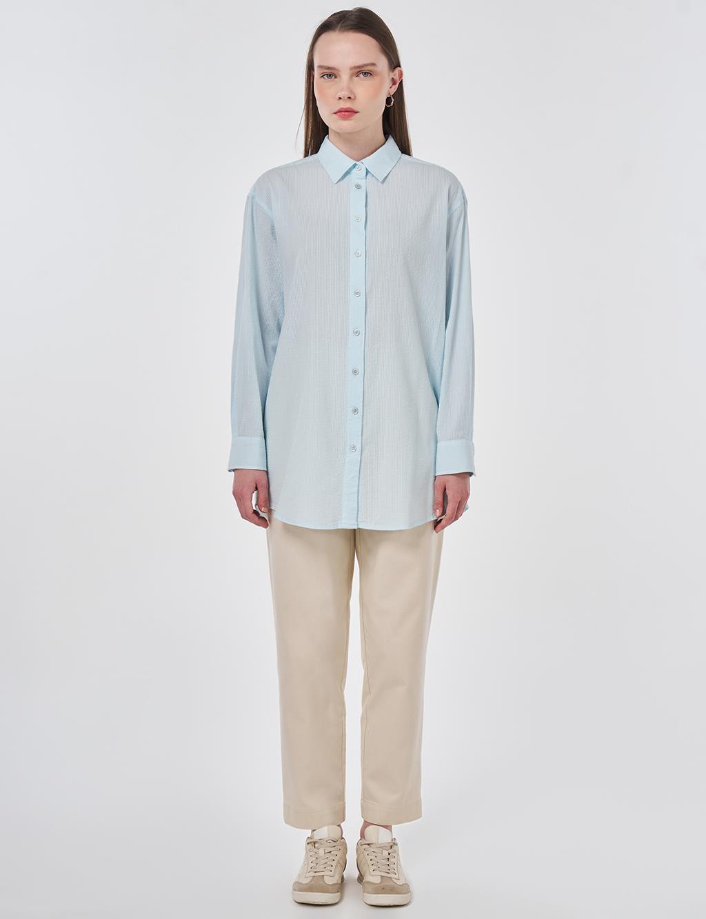 %100 Pamuklu Rahat Kesim Tunik Buz Mavisi