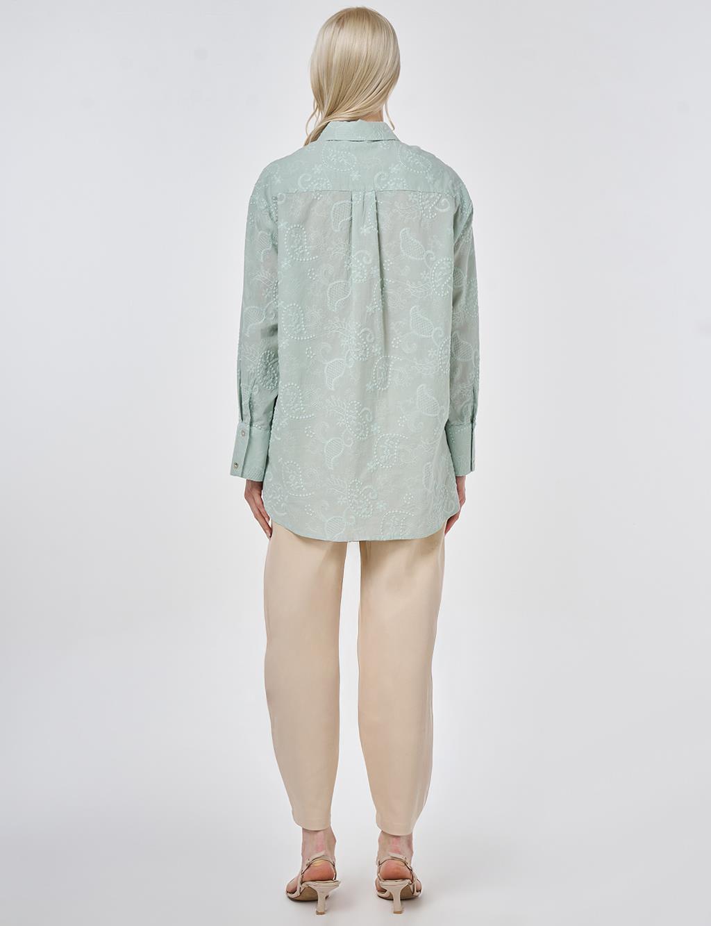 %100 Pamuklu Floral İşlemeli Tunik Su Yeşili