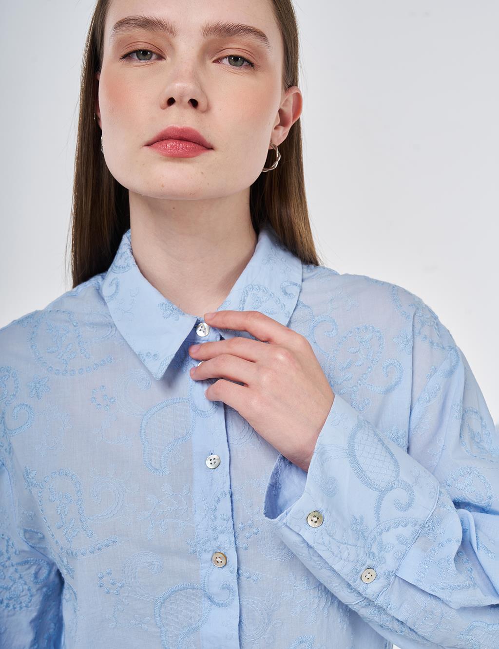 %100 Pamuklu Floral İşlemeli Tunik Mavi