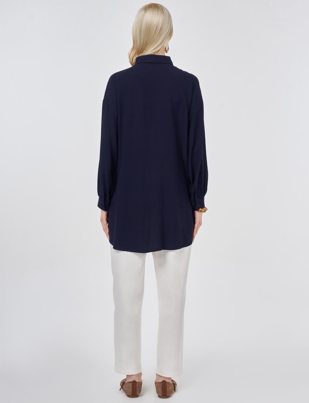 %100 Viskon Nakış İşlemeli Tunik Lacivert