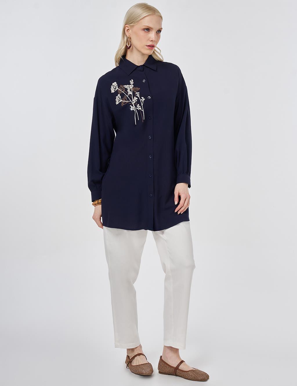 %100 Viskon Nakış İşlemeli Tunik Lacivert