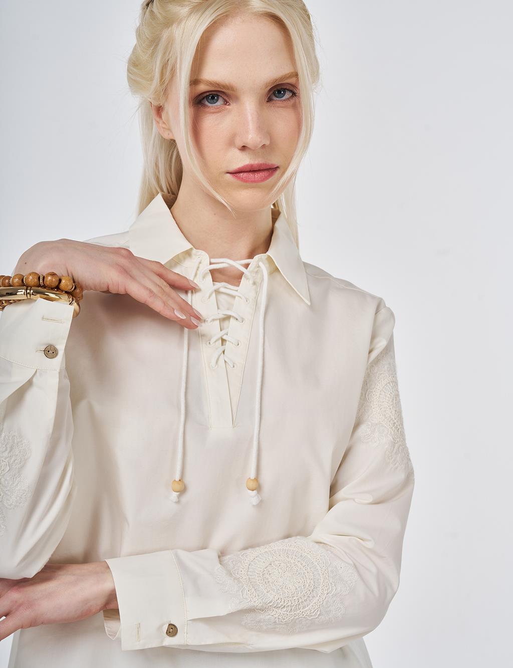 %100 Pamuklu Bağcıklı Tunik Ekru