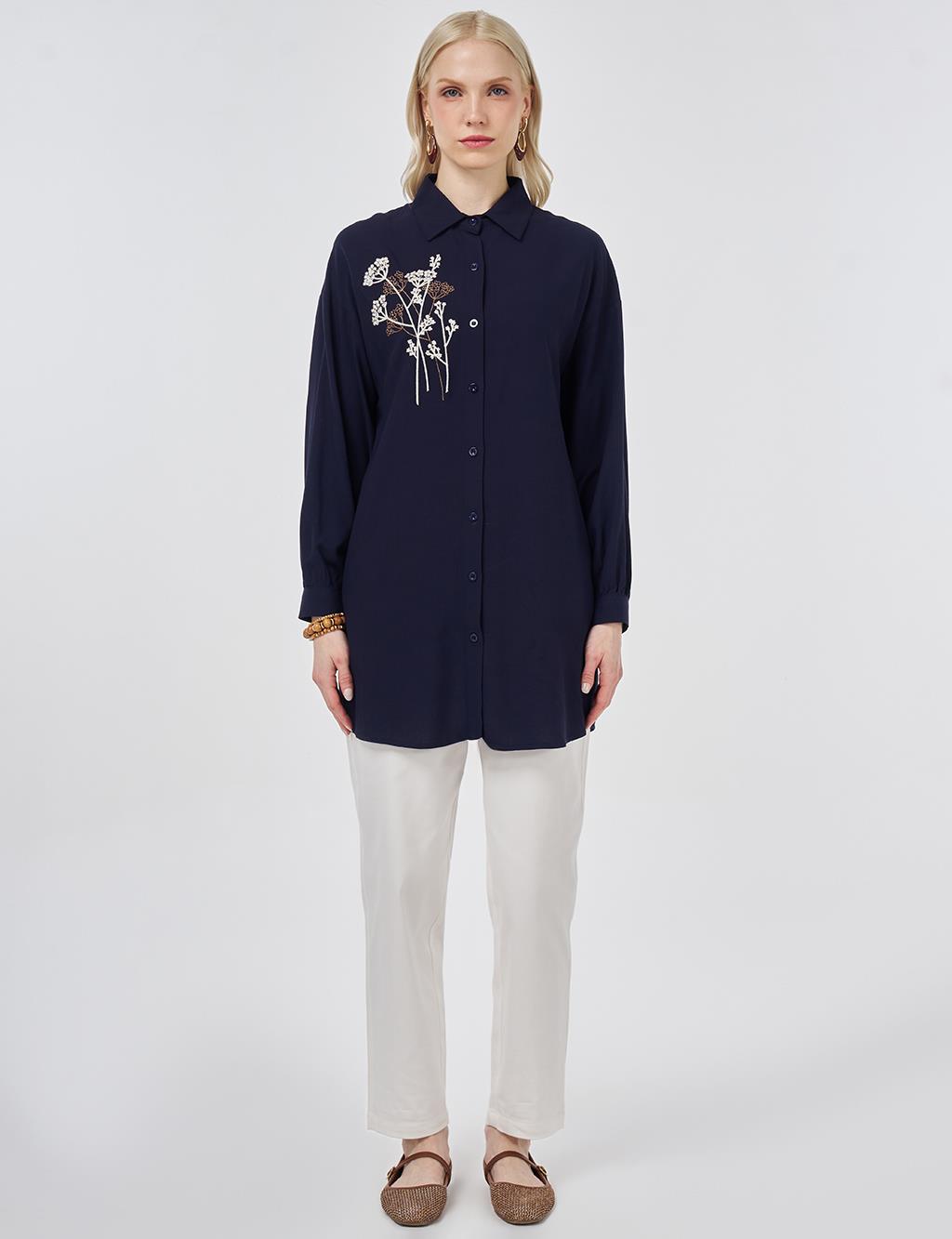 %100 Viskon Nakış İşlemeli Tunik Lacivert