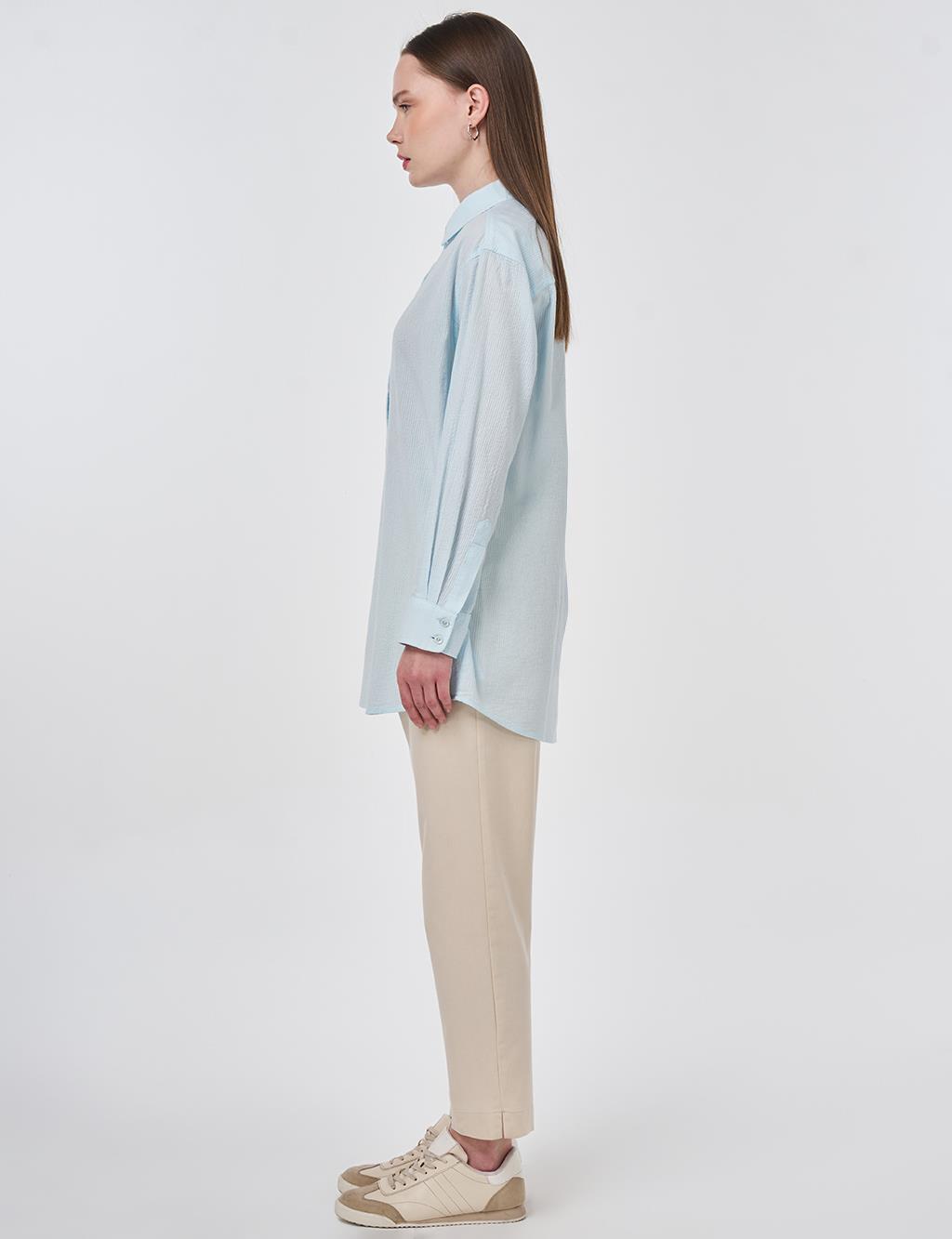 %100 Pamuklu Rahat Kesim Tunik Buz Mavisi