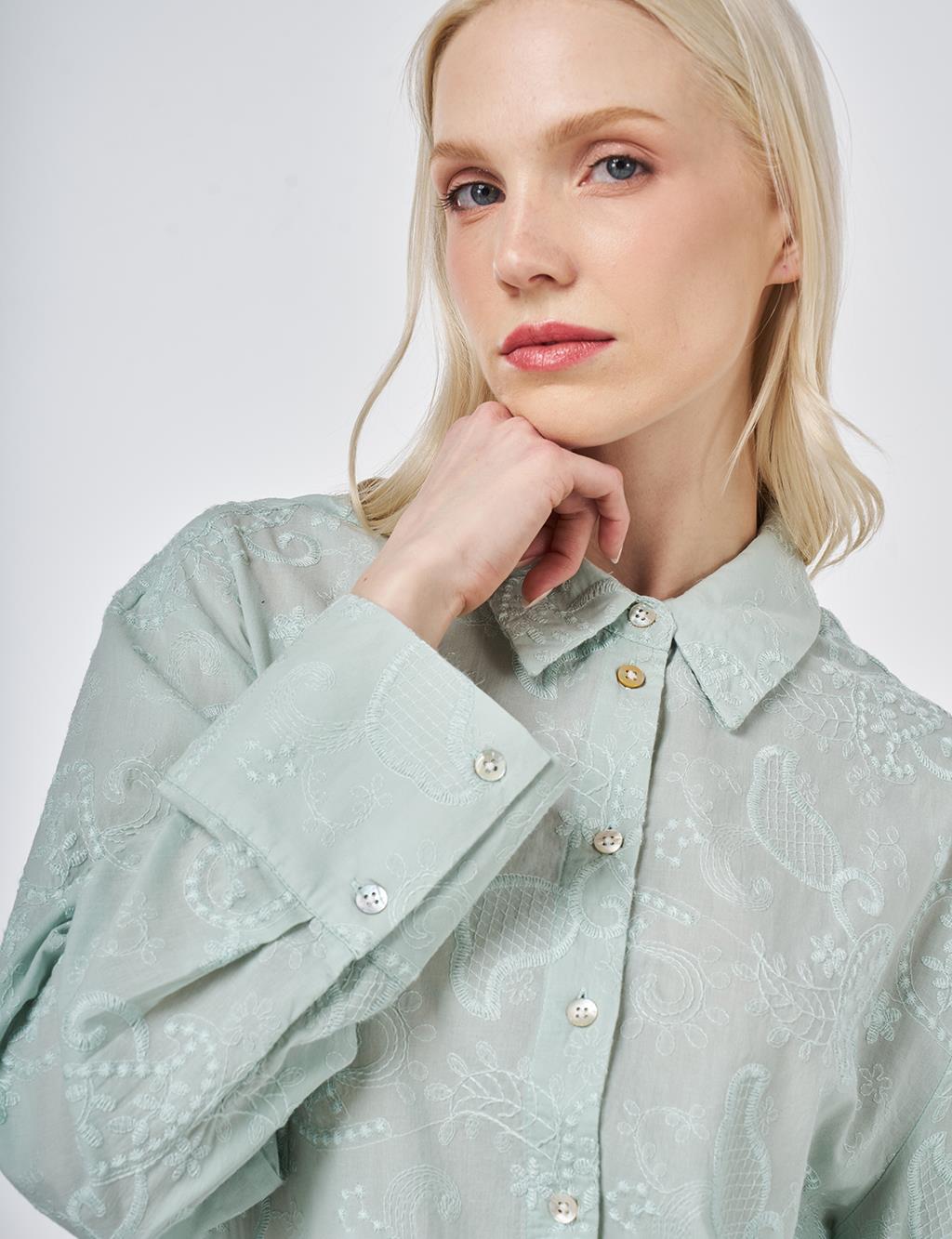 %100 Pamuklu Floral İşlemeli Tunik Su Yeşili