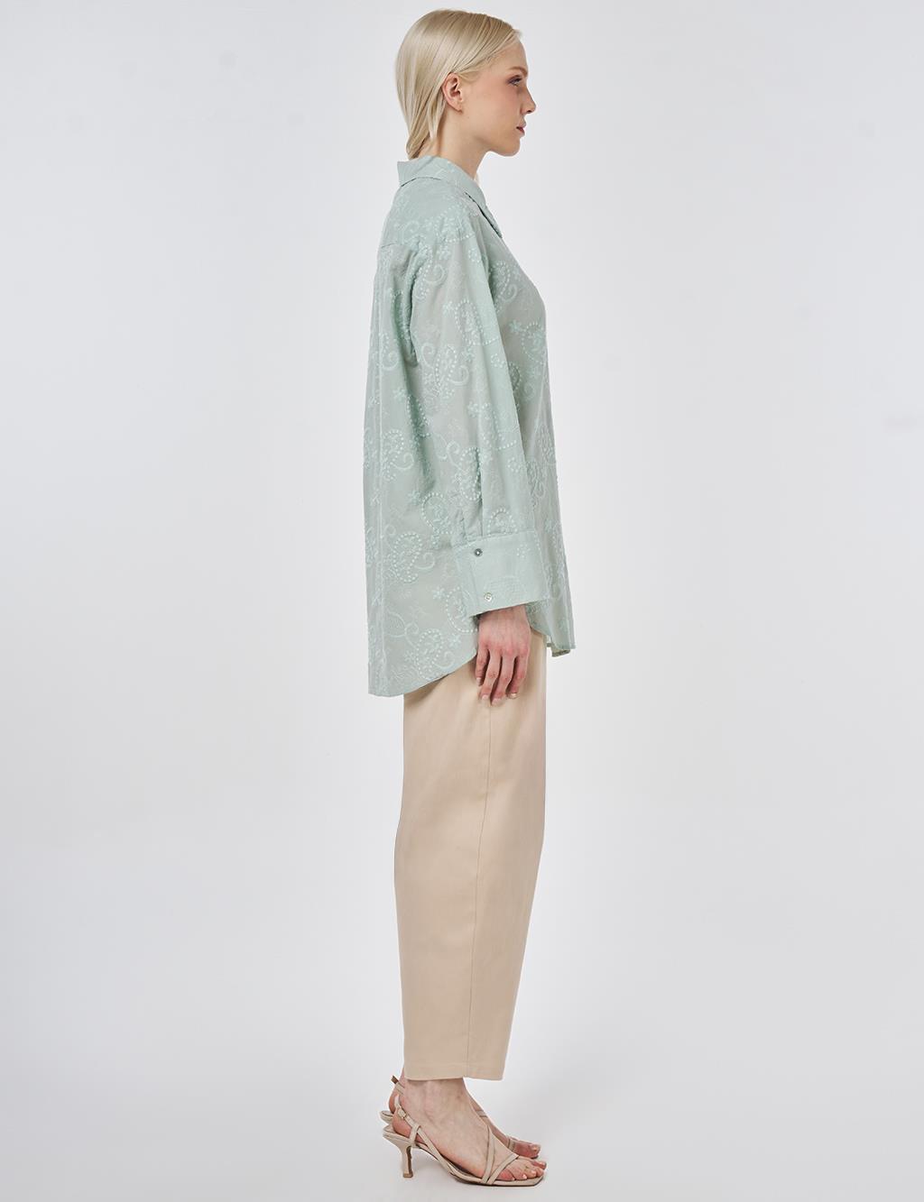 %100 Pamuklu Floral İşlemeli Tunik Su Yeşili