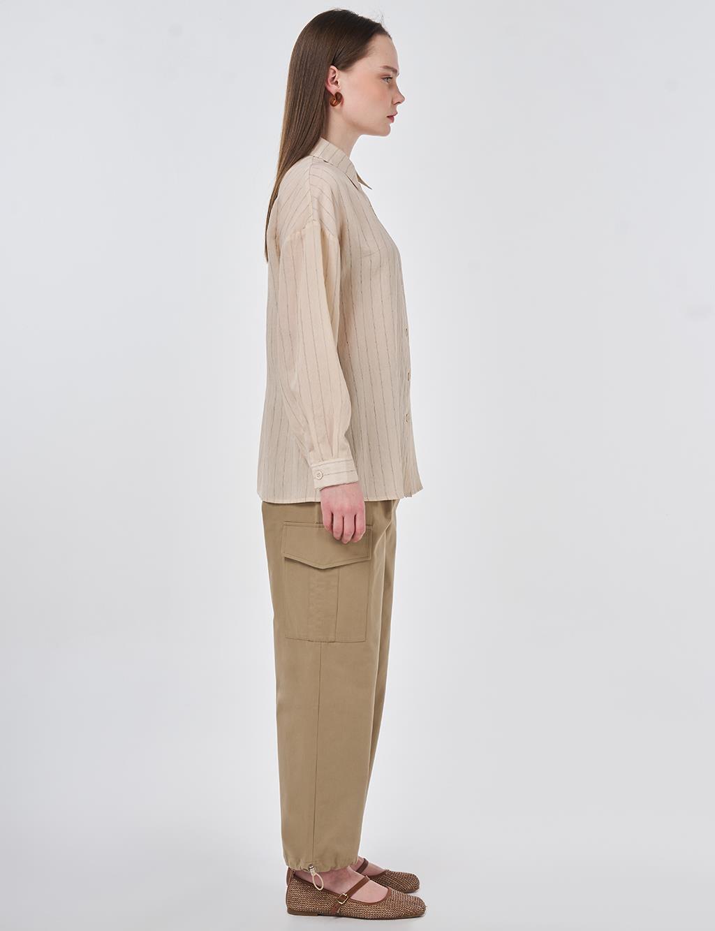 Çizgi Desen Keten Viskon Tunik Taş