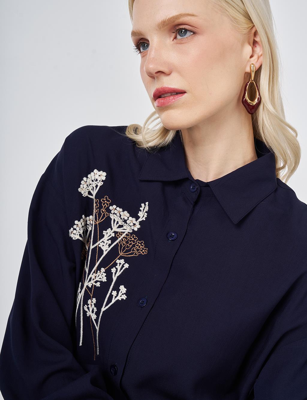 %100 Viskon Nakış İşlemeli Tunik Lacivert