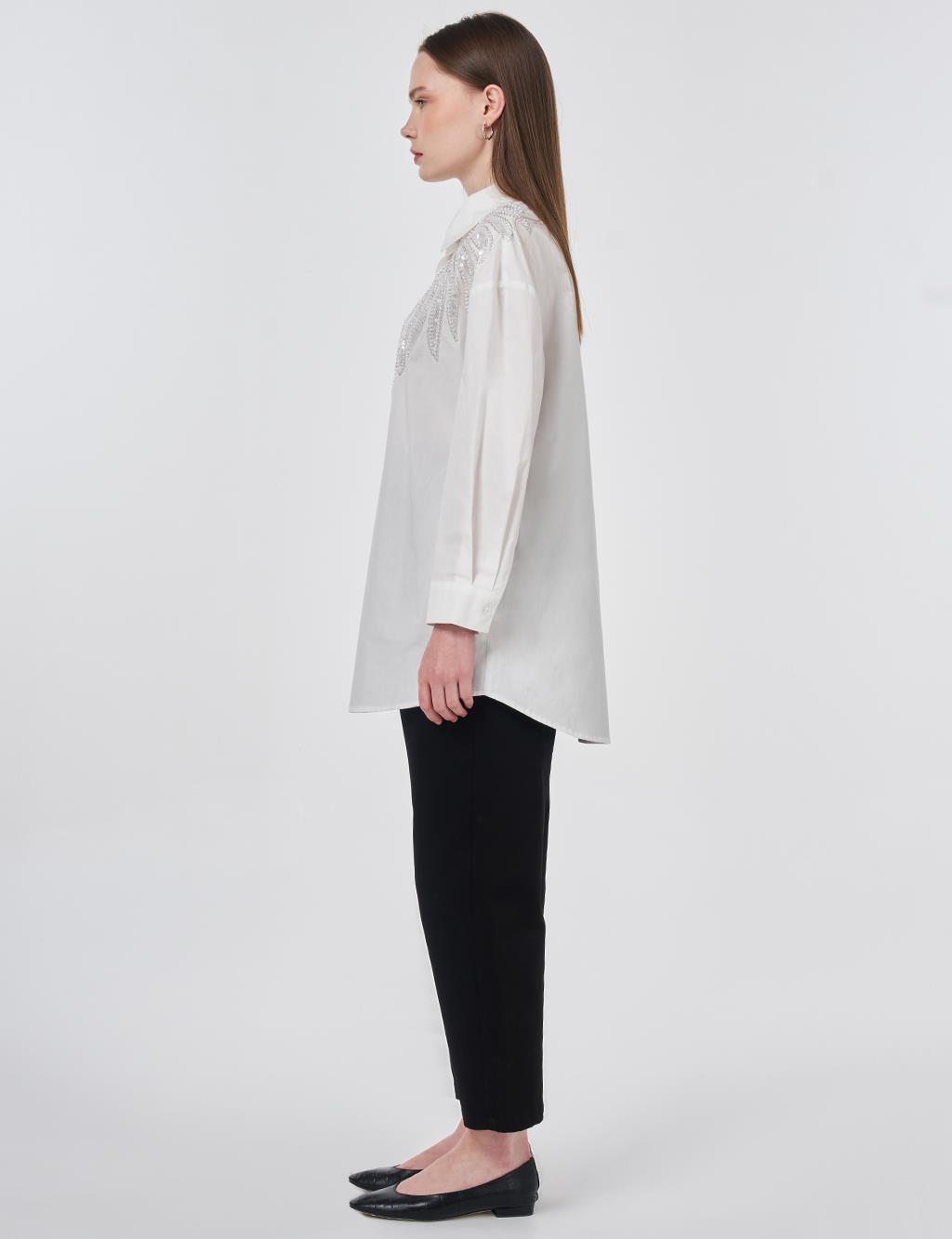 100% Cotton Sequin and Pearl Embellished Tunic Optic White