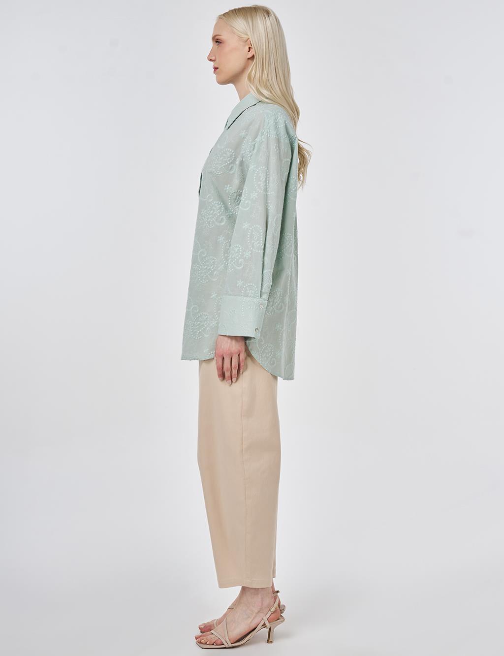 %100 Pamuklu Floral İşlemeli Tunik Su Yeşili