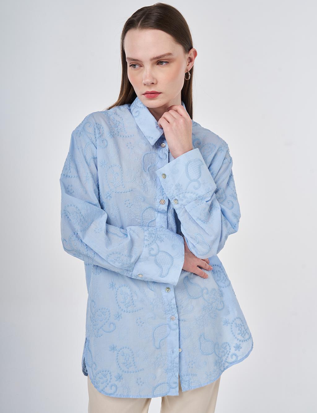 %100 Pamuklu Floral İşlemeli Tunik Mavi