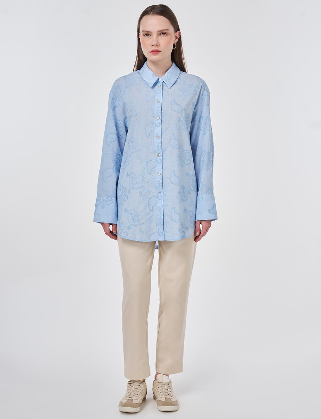 %100 Pamuklu Floral İşlemeli Tunik Mavi