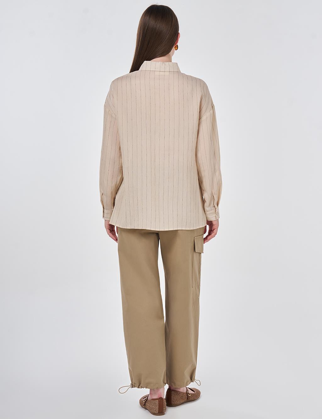 Çizgi Desen Keten Viskon Tunik Taş