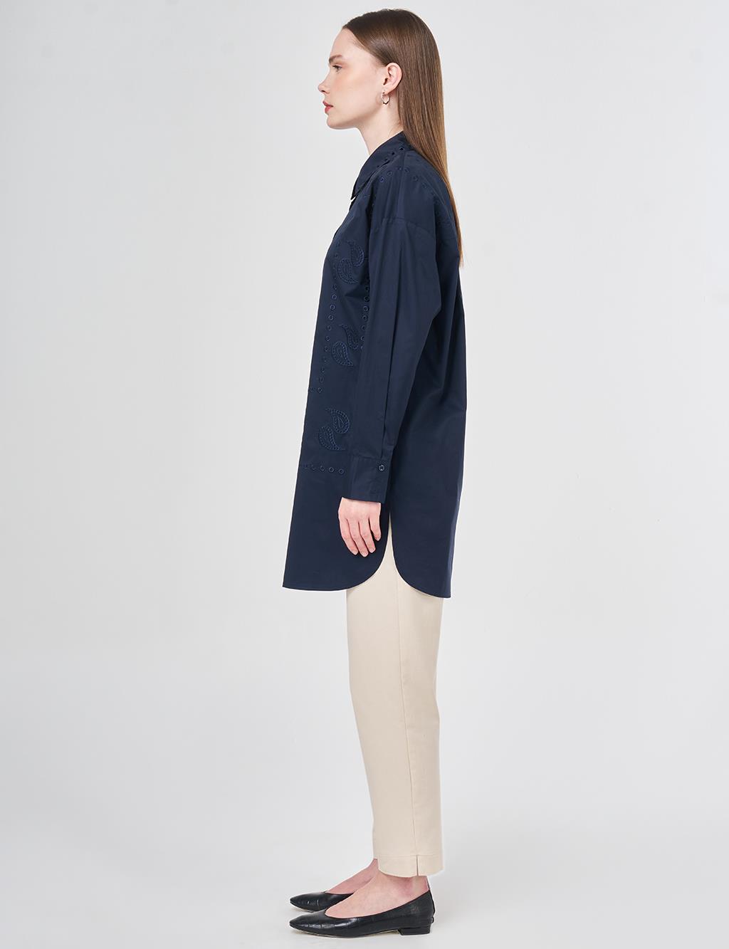 100% Cotton Shirt Collar Laser Cut Tunic Navy Blue