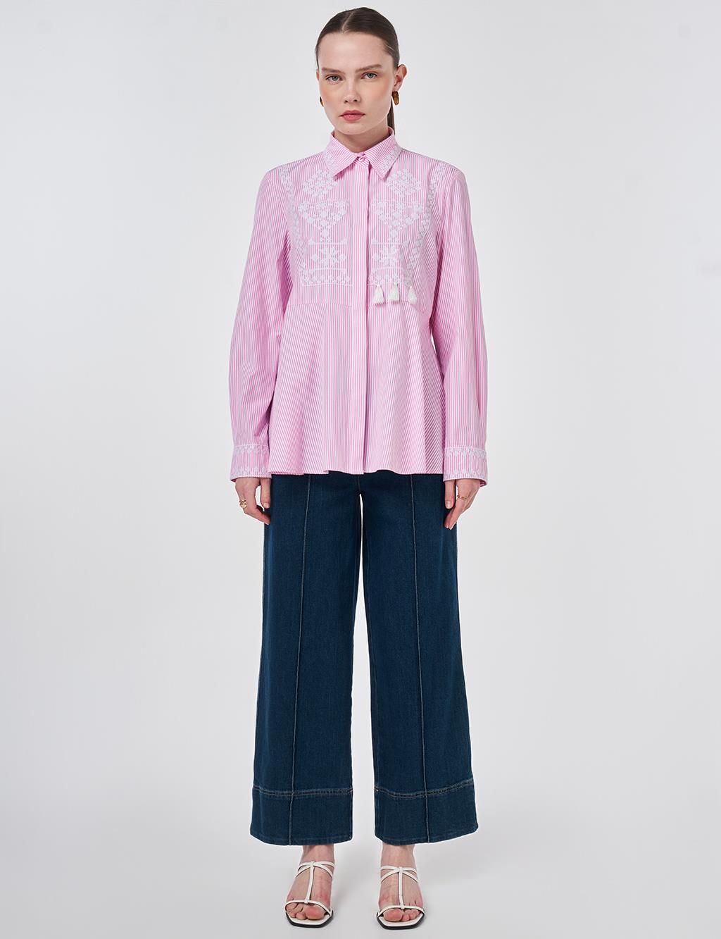 Ethnic Pattern Cotton Blouse Candy Pink