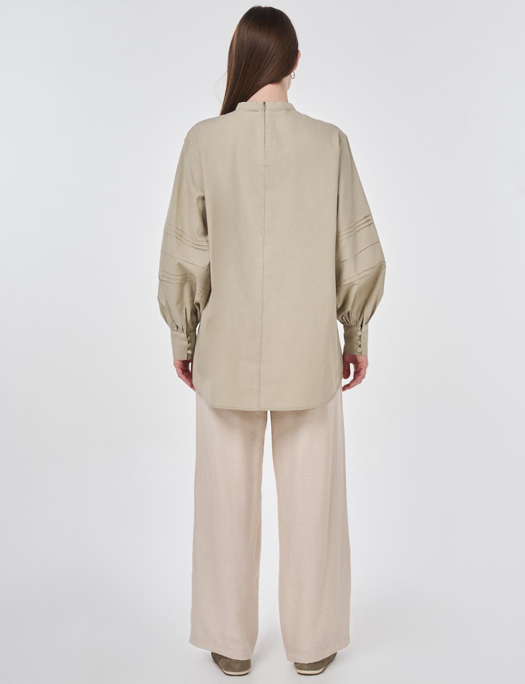 Ribbed Stitch Cotton Linen Blouse Moss Green