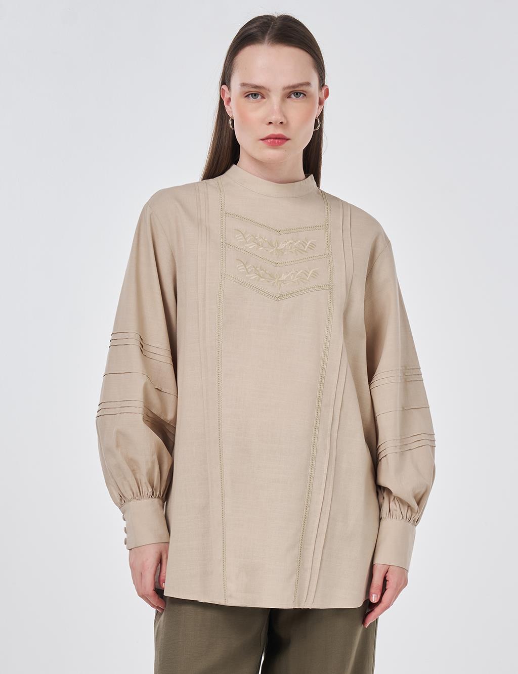 Ribbed Stitch Cotton Linen Blouse Ecru