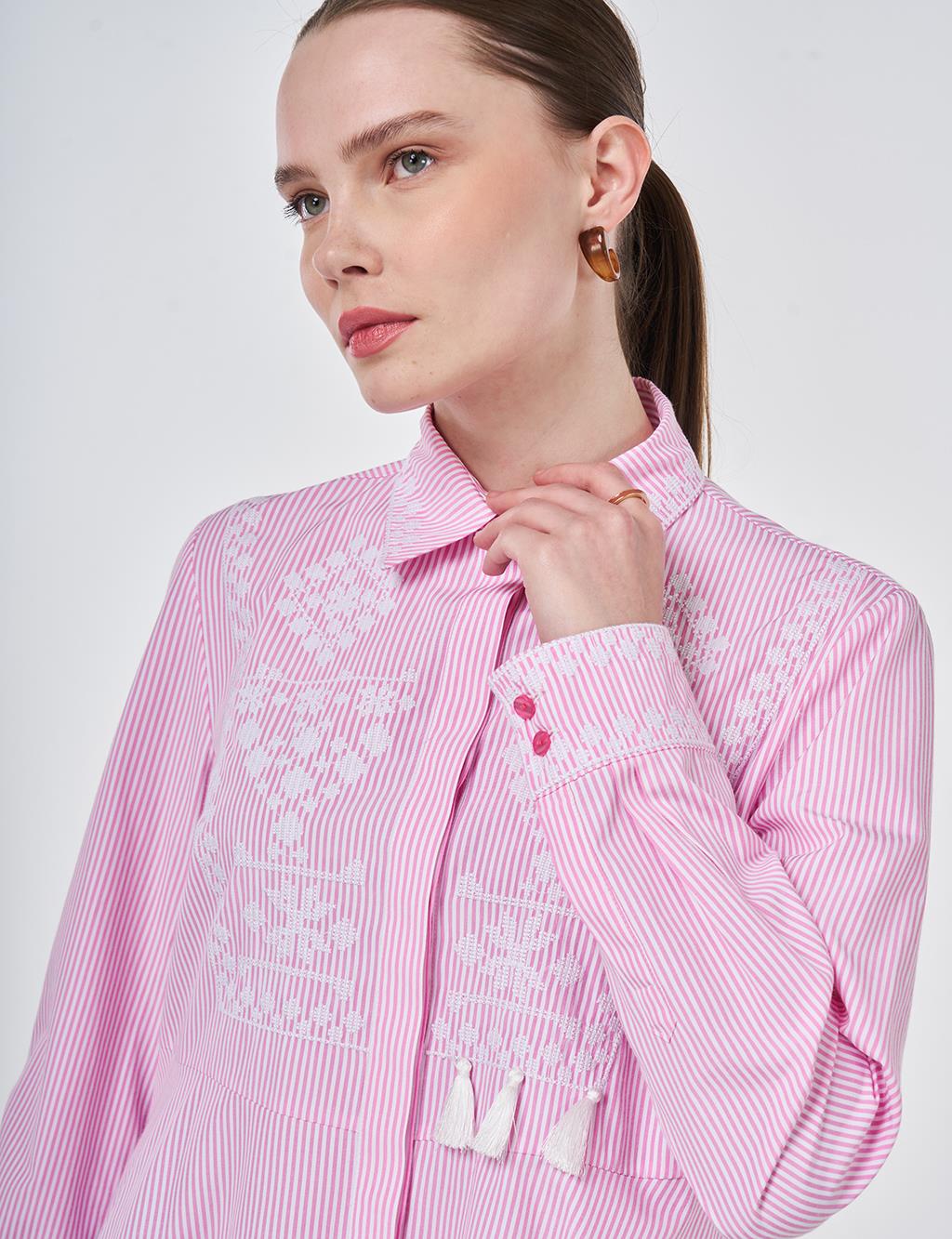 Ethnic Pattern Cotton Blouse Candy Pink