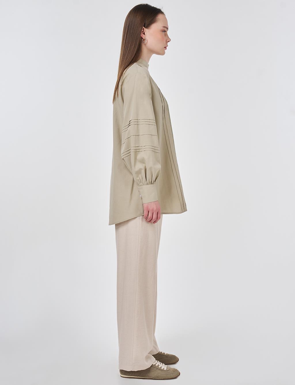 Ribbed Stitch Cotton Linen Blouse Moss Green