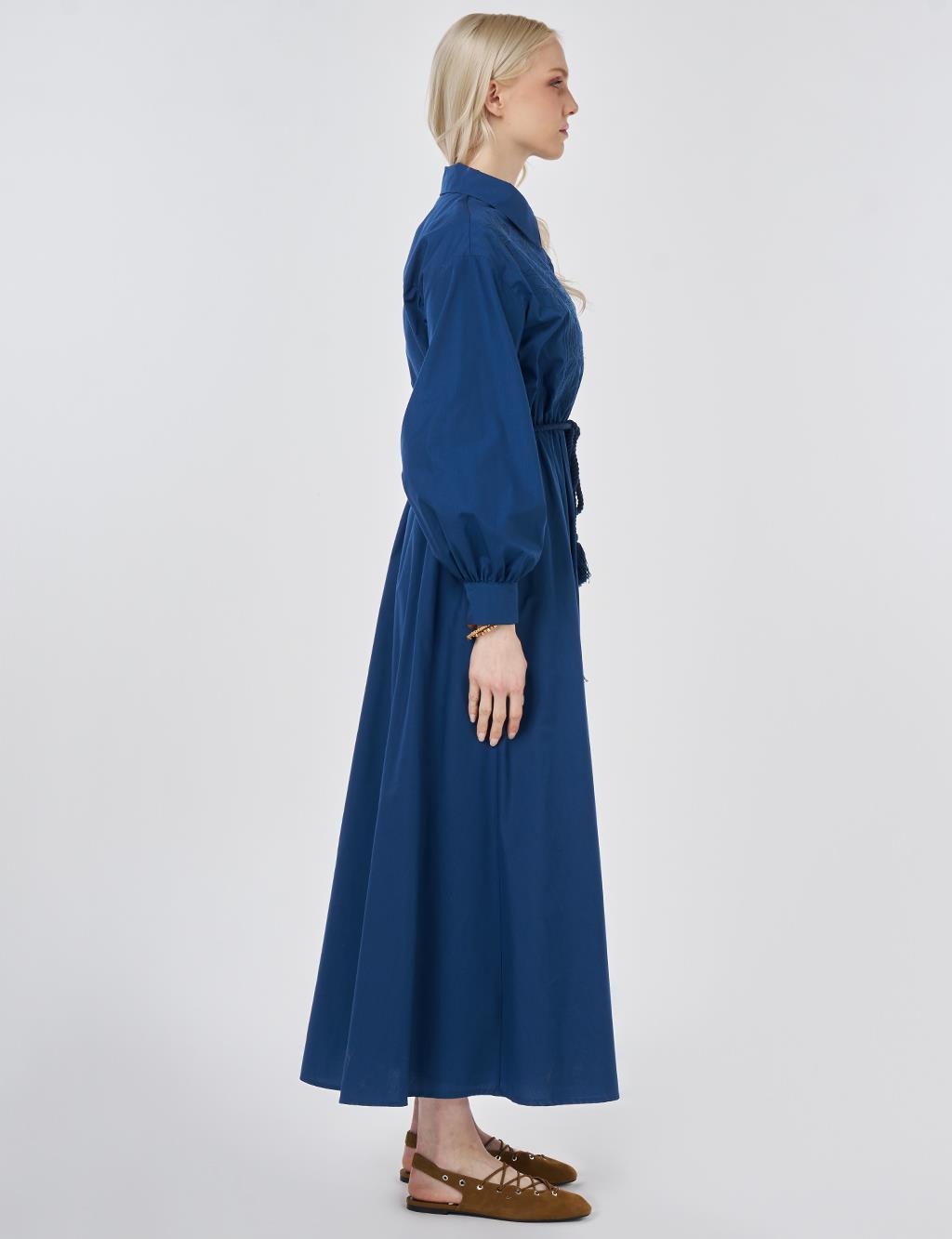 Embroidered Cotton Dress Navy Blue