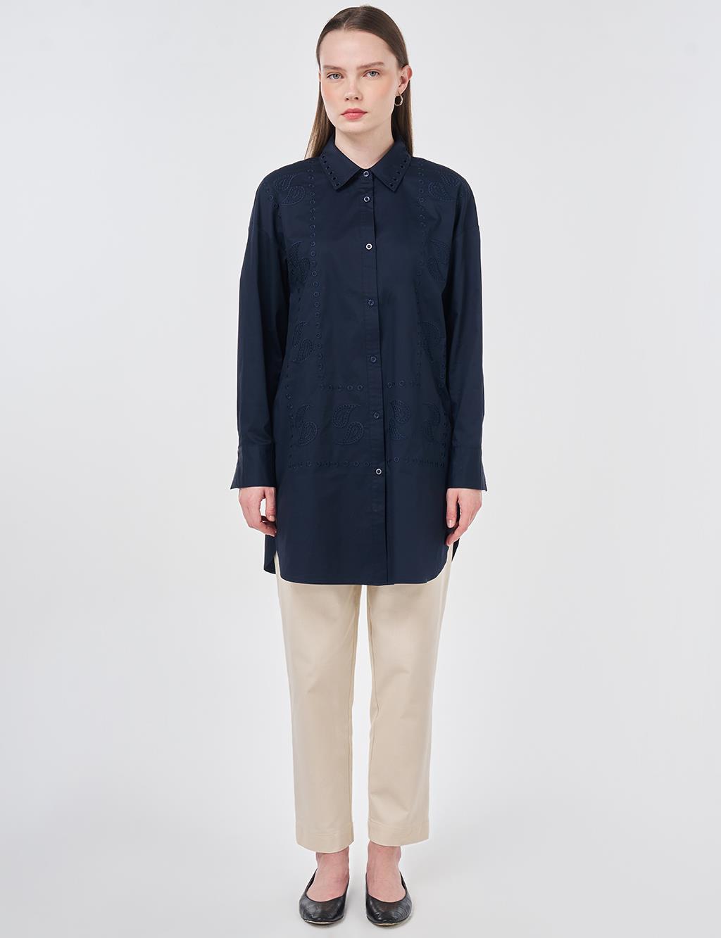 100% Cotton Shirt Collar Laser Cut Tunic Navy Blue