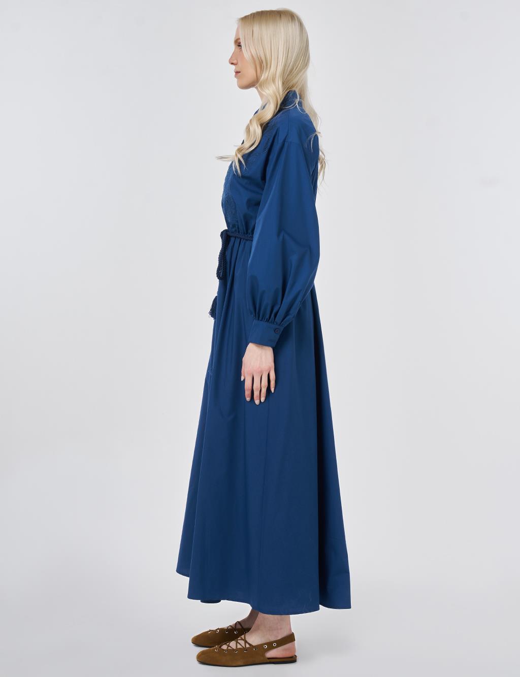 Embroidered Cotton Dress Navy Blue